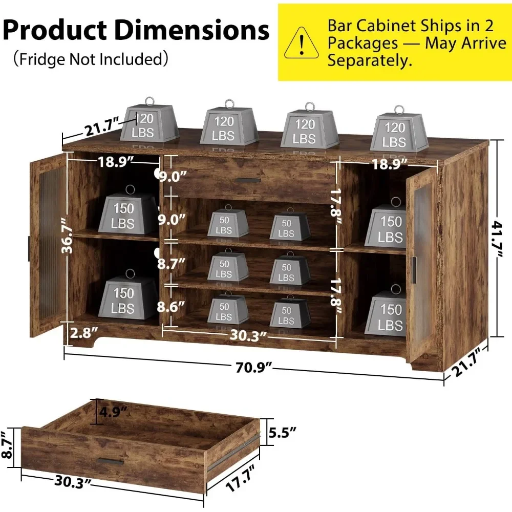 Bar Cabinet with Mini Fridge Space, 70.9” Large Wood Wine Cabinet with Cooler Space, Farmhouse Long Liquor Cabinet with Drawer