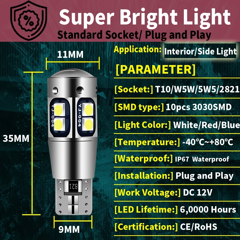 2 ชิ้น Super Brigh T10 W5W 168 192 ไฟท้าย Led สีขาว 3030 10SMD 12 โวลต์รถ Led โคมไฟอัตโนมัติ CANBUS ไม่มีข้อผิดพลาดรถ Marker ที่จอดรถหลอดไฟ