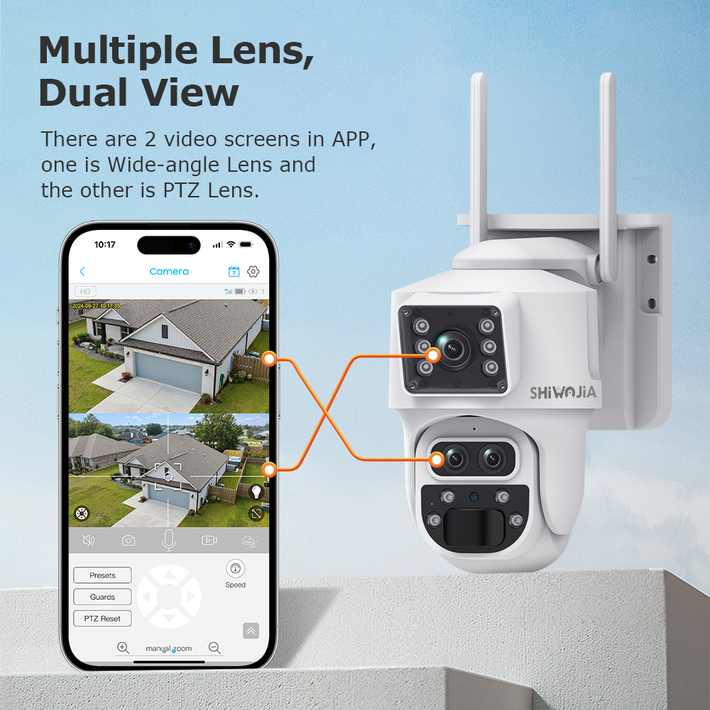 SHIWOJIA 12MP 6K 15X Zoom Solar Camera 4G Dual Screen Outdoor Three Lens 7800mAh Battery Camera PIR Detection Auto Tracking CCTV