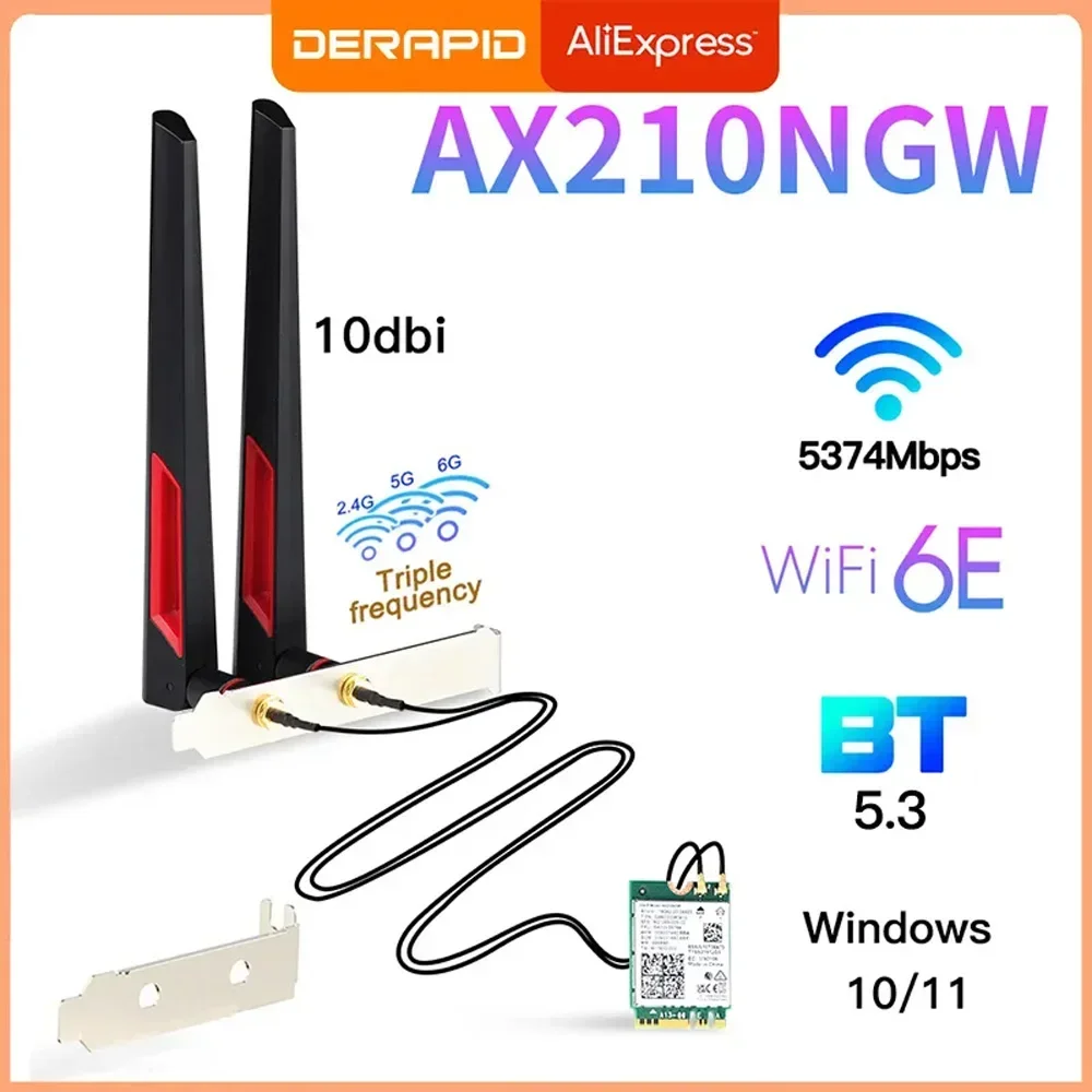 Wi-Fi 6E AX210NGW Беспроводная карта 5374 Мбит/с BT5.3 Настольный комплект Антенна 802.11ax Трехдиапазонный 2,4G/5Ghz/6G AX210NGW чем Wi-Fi6 AX200