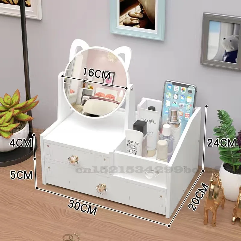 Home Dressing Table with Lovely Cats Mirror, Rotate Makeup Organizer, Nail Polish Brush, Jewelry Storage Box
