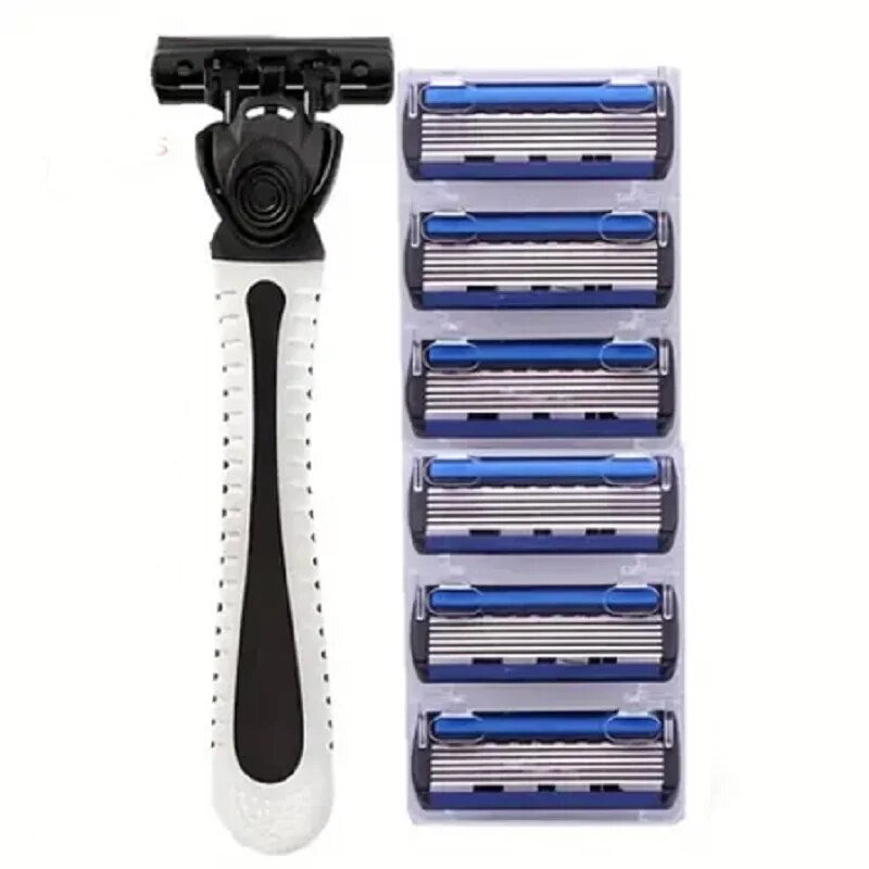 Lâmina de barbear de 6 camadas, barbear afiado, substituição de um toque, barbear limpo, boa moda, navalha manual, navalha de barba masculina