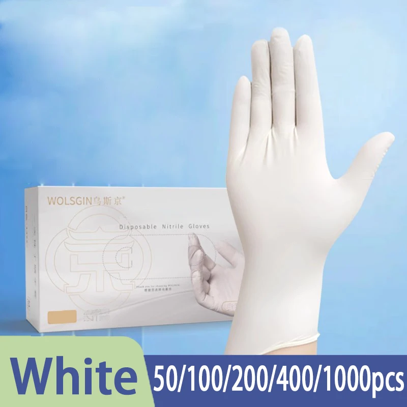Luvas descartáveis de nitrilo branco 50/100/200/400/1000 peças, adequadas para alimentos de cozinha doméstica, cabeleireiro, jardinagem, cuidados com animais de estimação