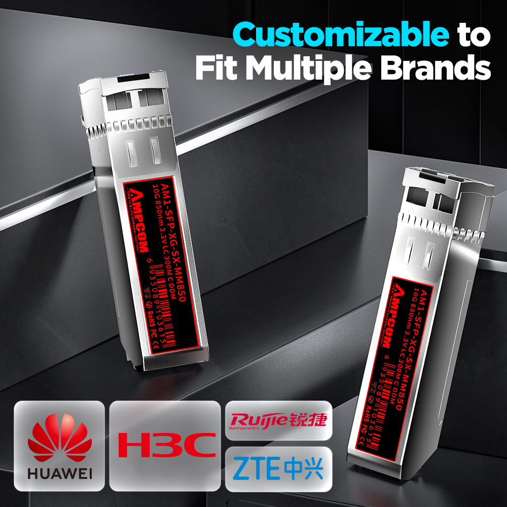 AMPCOM 10G LC SFP+ Transceiver-Modul Duplex Multi Mode, 10Gbase-SR Glasfaser DOM SFP 850 nm 300 Meter MMF für Cisco usw.