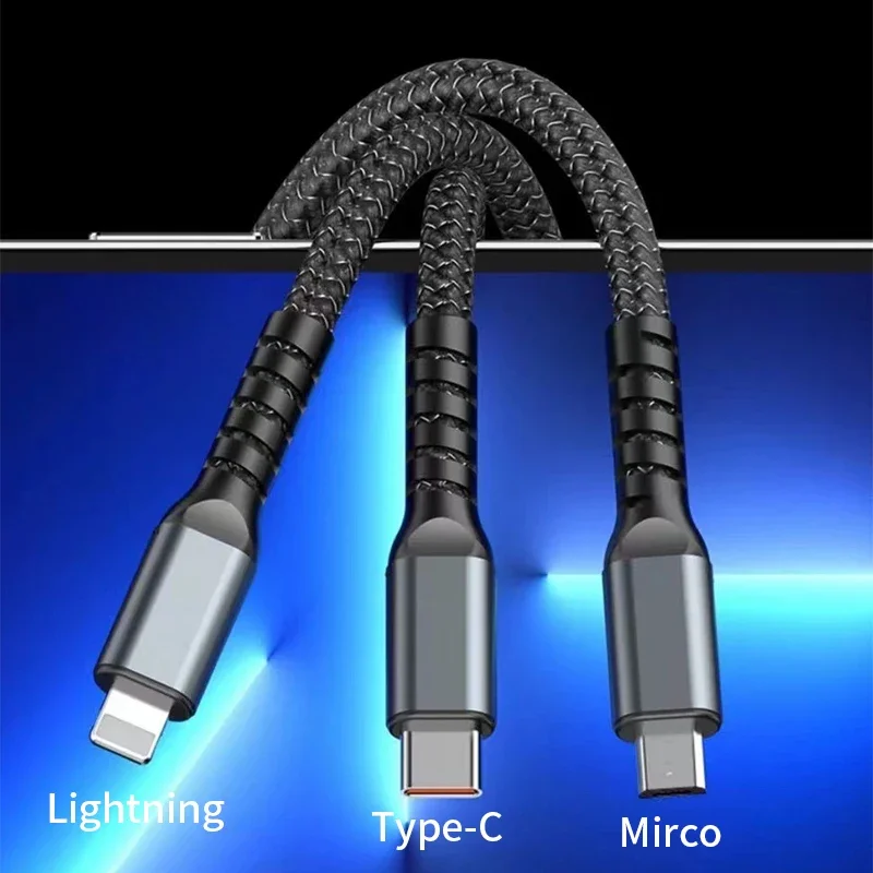 Cavo USB con display digitale 3 in 1 da 100 W LED Tipo C Micro USB per Iphone Samsung Huawei Xiaomi Cavo di ricarica multiporta multiplo