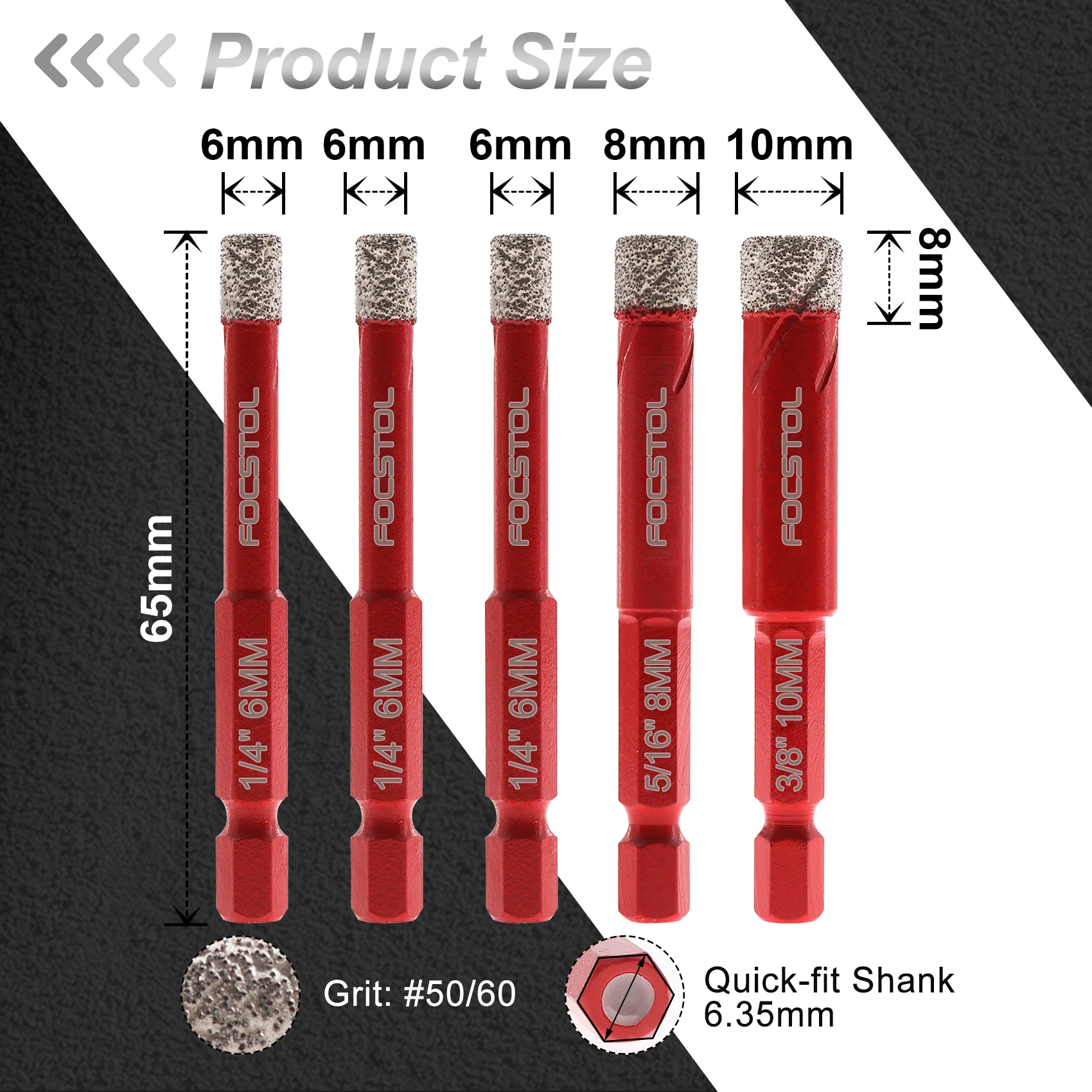 FOCSTOL Diamond Tile Drill Bit 5pcs Set Core Bits Quick Change Hex Shank 6 mm Carbide Drill Bit for Ceramic Porcelain Tile