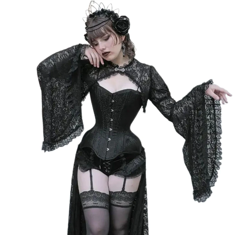 Feminino oco para fora colheita topos chique gótico renda blusa topos falsa senhoras mangas alargamento cobrir ups para festa namoro