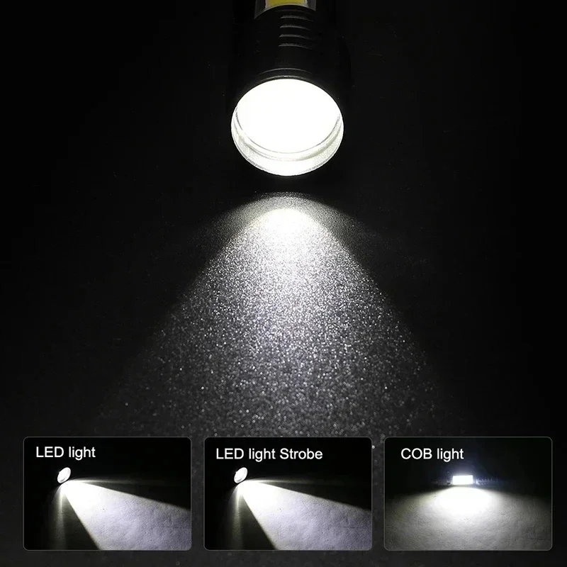 Mini linterna LED recargable COB + XPE con zoom, linterna con batería integrada de 3 modos, linterna de emergencia para acampar al aire libre