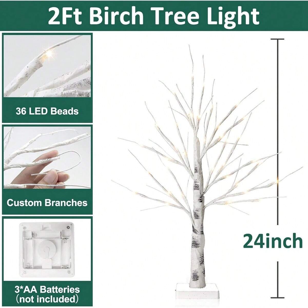 1 Stück 36LED weiße Birke Baum künstliche Zweig Tischleuchte mit einstellbarer Stromversorgung über 3AA oder USB für Zuhause Schlafzimmer Festival Dekor