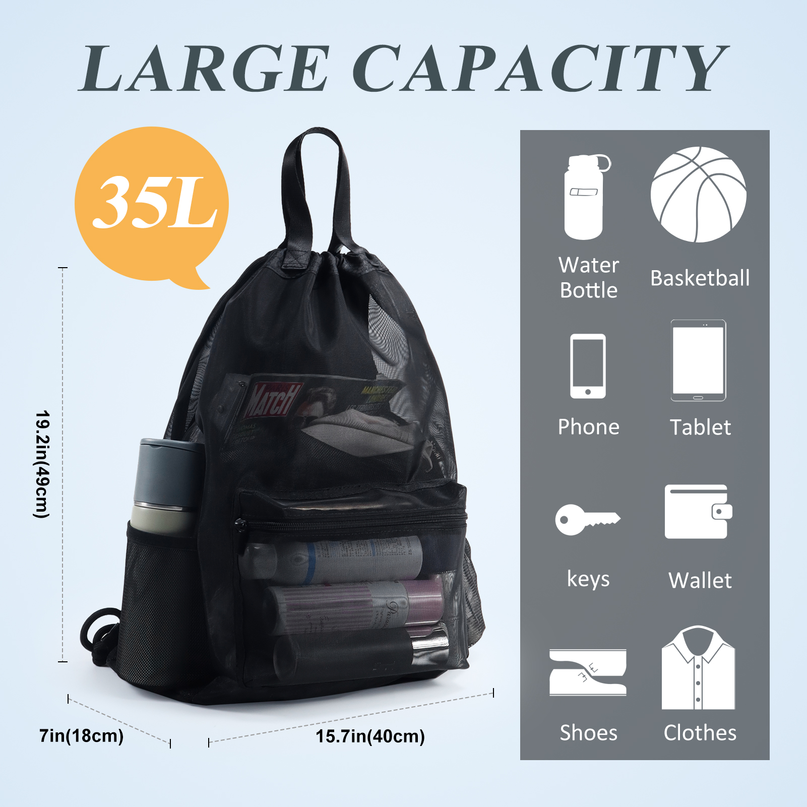 Aosbos Mesh Backpack for Men Women Casual Daypack Backpacks 35L Large Gym Drawstring Bags Semi-transparent for Travel Hiking