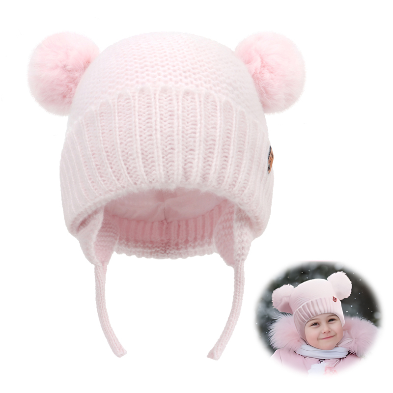 Chapéu de inverno para bebês, à prova de vento, gorro fofo de malha com pompom, gorros para recém-nascidos, acessórios infantis quentes para uso ao ar livre de 0 a 2 anos
