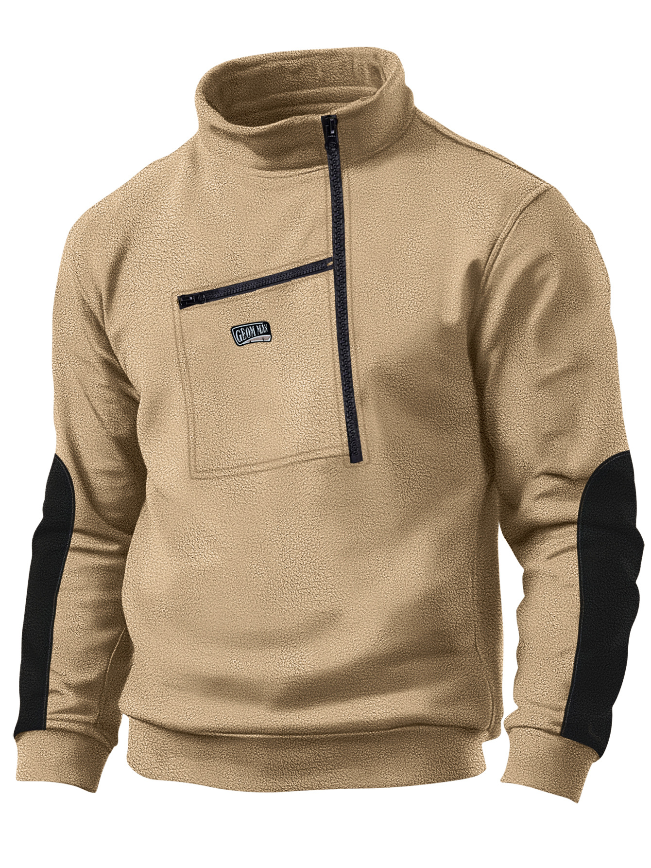 Pull à capuche brodé en polaire pour homme, décontracté, col montant, demi-fermeture éclair, manches longues, poche tactique, automne et hiver