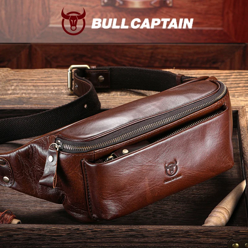 BULLCAPTAIN Мужская поясная сумка из натуральной кожи, повседневная сумка для альпинизма в стиле ретро, многофункциональная нагрудная сумка через плечо с замком и защелкой