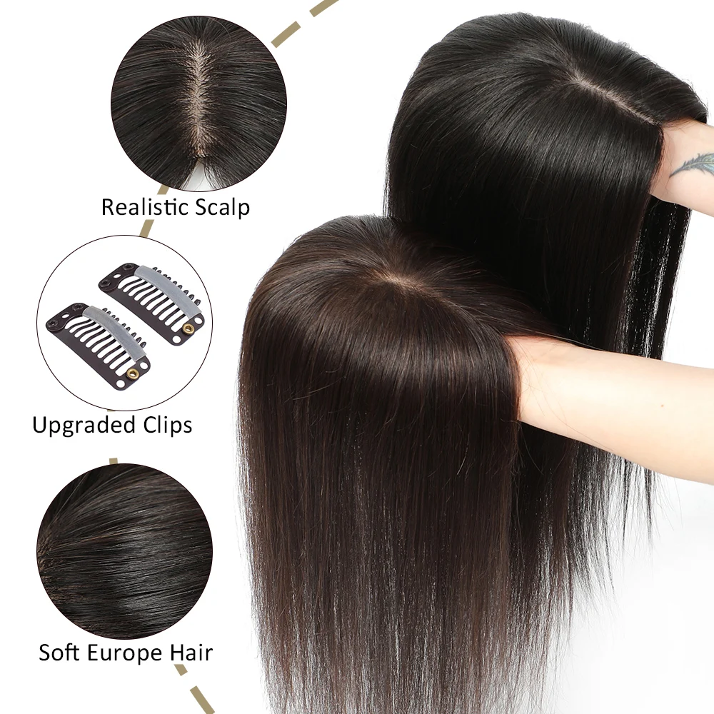 Toppers de cabelo humano com base de seda sem peso, para mulheres, europa, grampo de cabelo, extensão, cobertura perfeita, topper indetectável