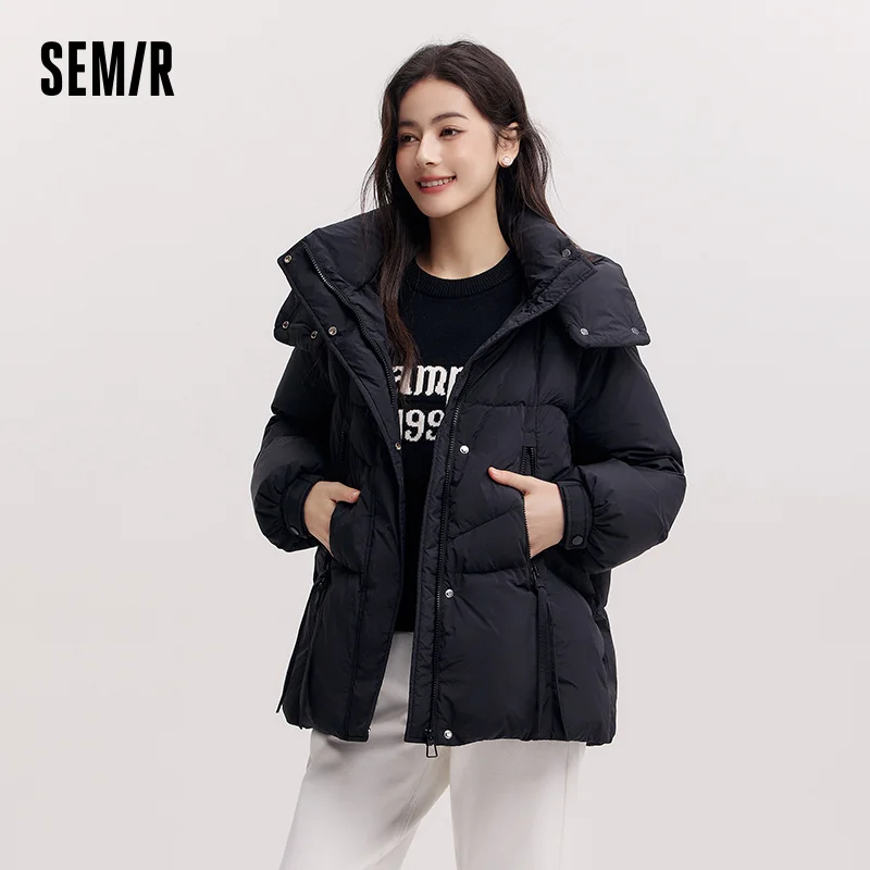 Semir jaqueta de comprimento médio feminina solta ajuste com capuz casaco texturizado 2025 novas casacos de inverno feminino casual estilo quente