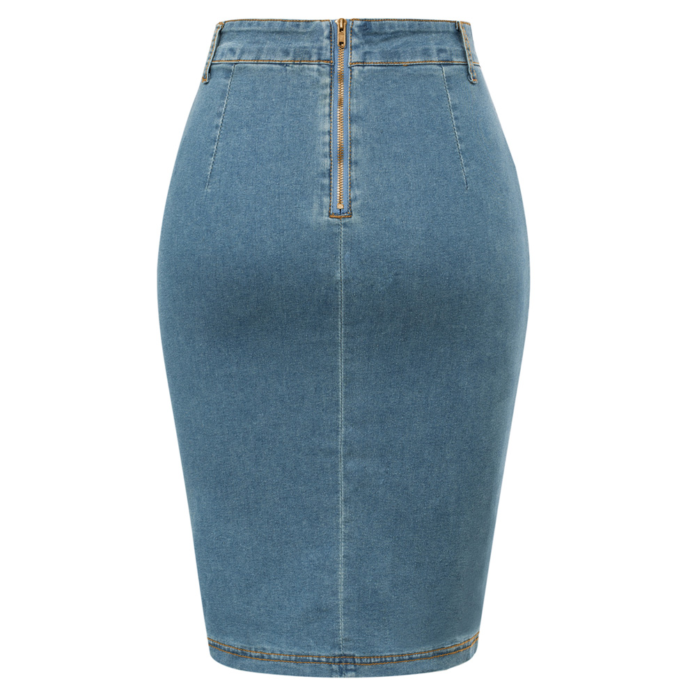 BP-Saia de Jean Vintage Feminina com Cinto, Cintura Alta, Ruched, Bodycon, Frente
