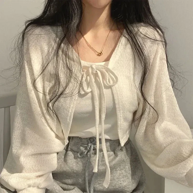 Casual Strickjacke Frauen Mode Dünne Sonnencreme Spitze-Up Strickwaren Tops Y2k Mädchen Koreanischen Stil Laterne Hülse Abgeschnitten Mantel