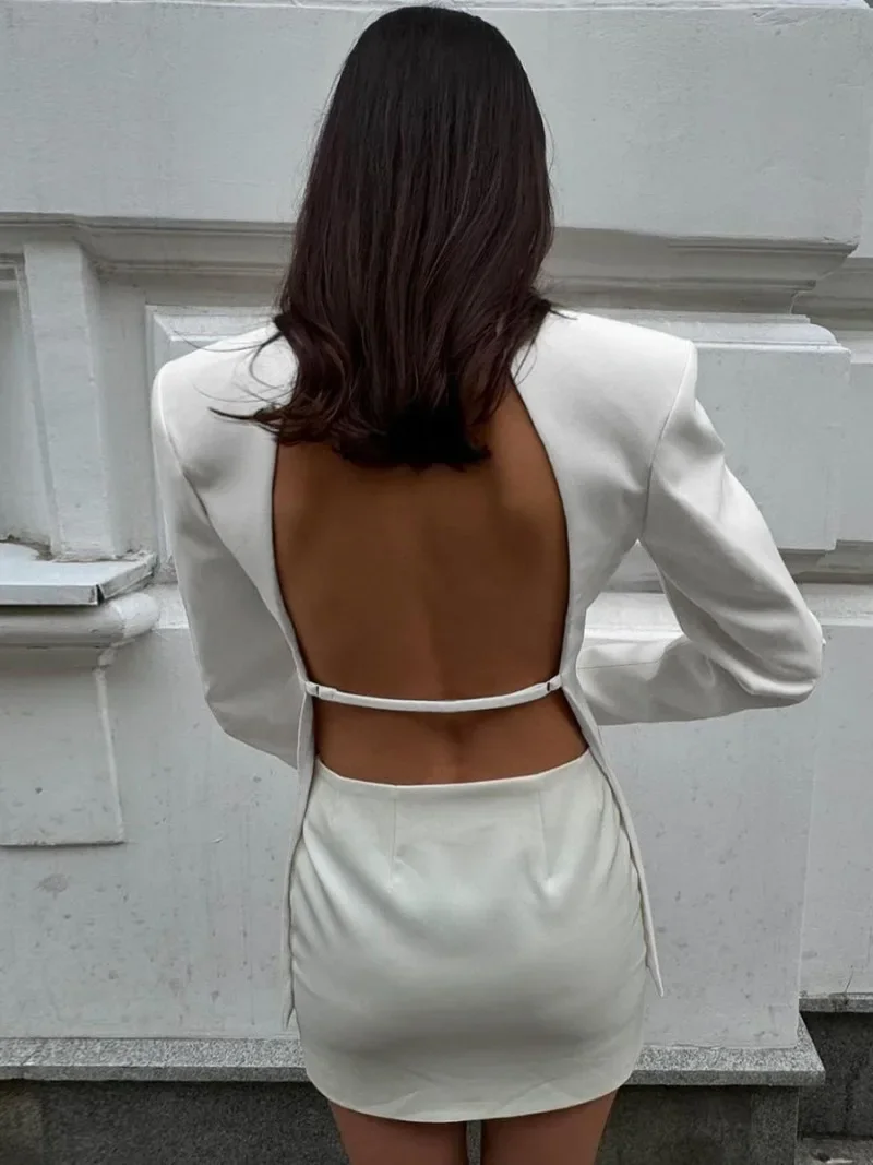 ผู้หญิงElegant Backlessชุดสูทสีดํา 2025 ฤดูใบไม้ผลิChicแขนยาวปุ่มปิดHollow Out Blazersเสื้อสีขาวเสื้อOuterwear