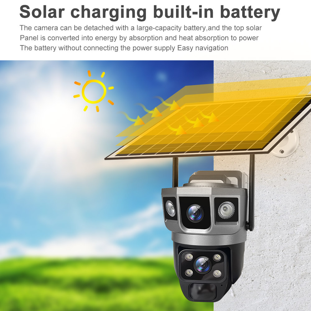 V380 Pro 12MP Solar WIFI IP Camera CCTV Due lenti Tre schermi Auto Tracking Telecamera PTZ di sorveglianza di sicurezza esterna 6K