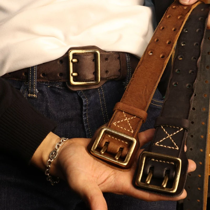 Cinturón Original hecho a mano con hebilla de doble aguja para hombre, cinturón vaquero Macho antiguo hecho con agua, cinturón táctico del ejército y2k de cuero genuino