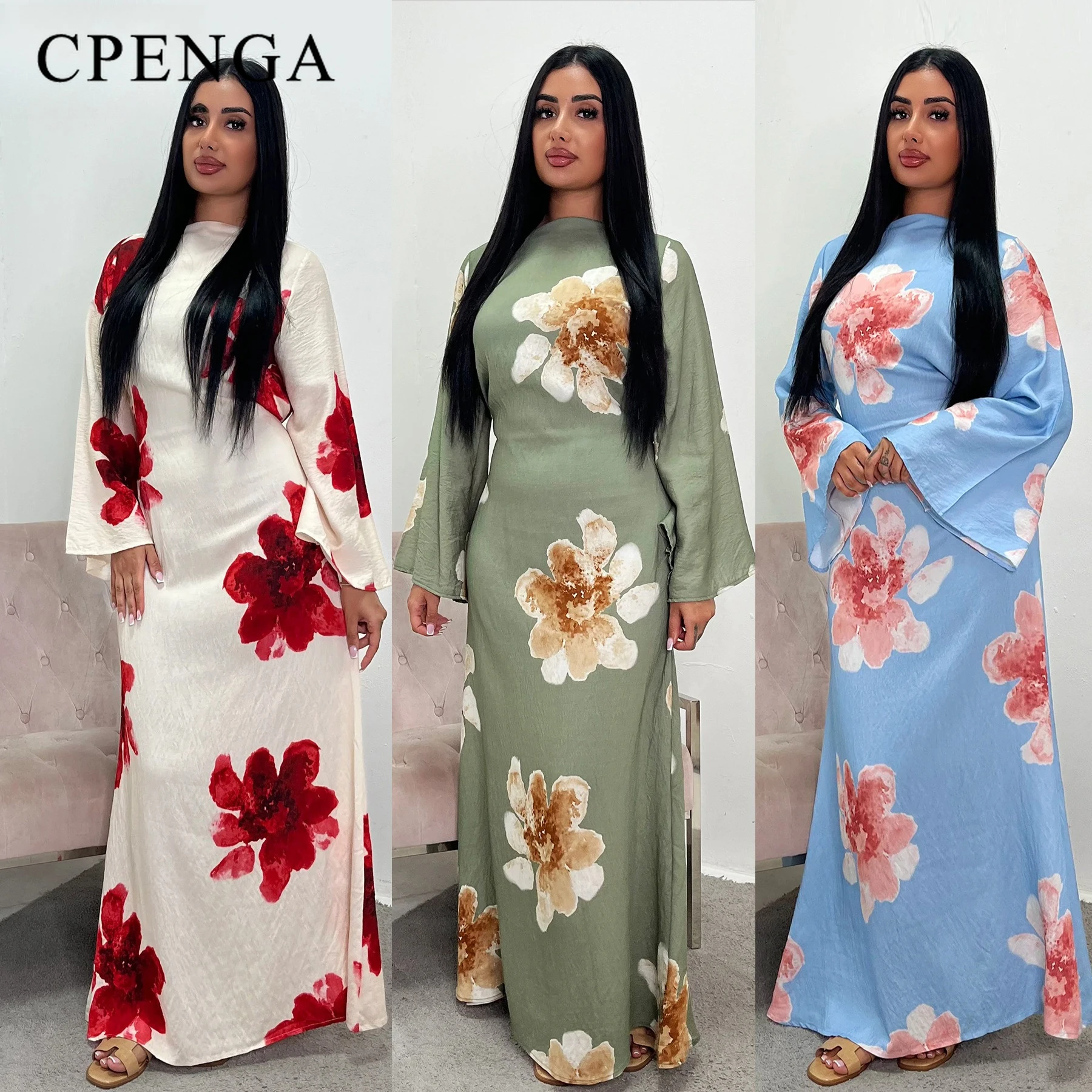 Sukienka maxi abaja z arabskim wzorem, dzwonkowatymi rękawami, zwiewna, elegancka, z kwiatowym nadrukiem, muzułmańska, skromna, długa sukienka, islamski strój wakacyjny, letnia szata.