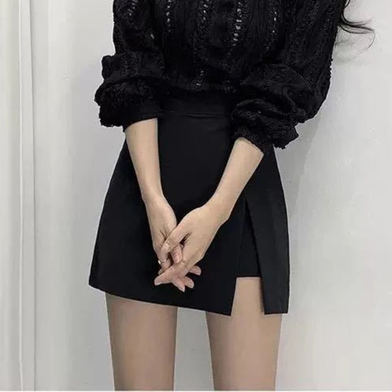 Mini jupes noires pour femmes, fentes latérales irrégulières, taille haute, ligne A, short, mode coréenne, Chic, jupe portefeuille aux hanches, été