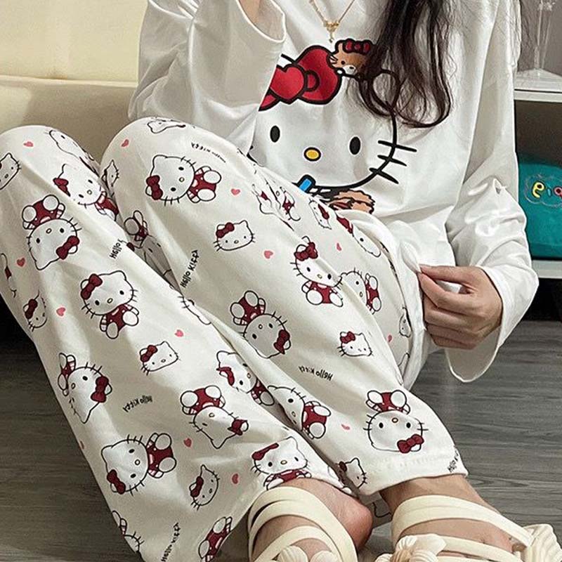 Kawaii Sanrios Hello Kitty Damen Pyjama Set Anime Cartoon Studenten Herbst Winter Polyester Langarm Mädchen Nachtwäsche Geschenk