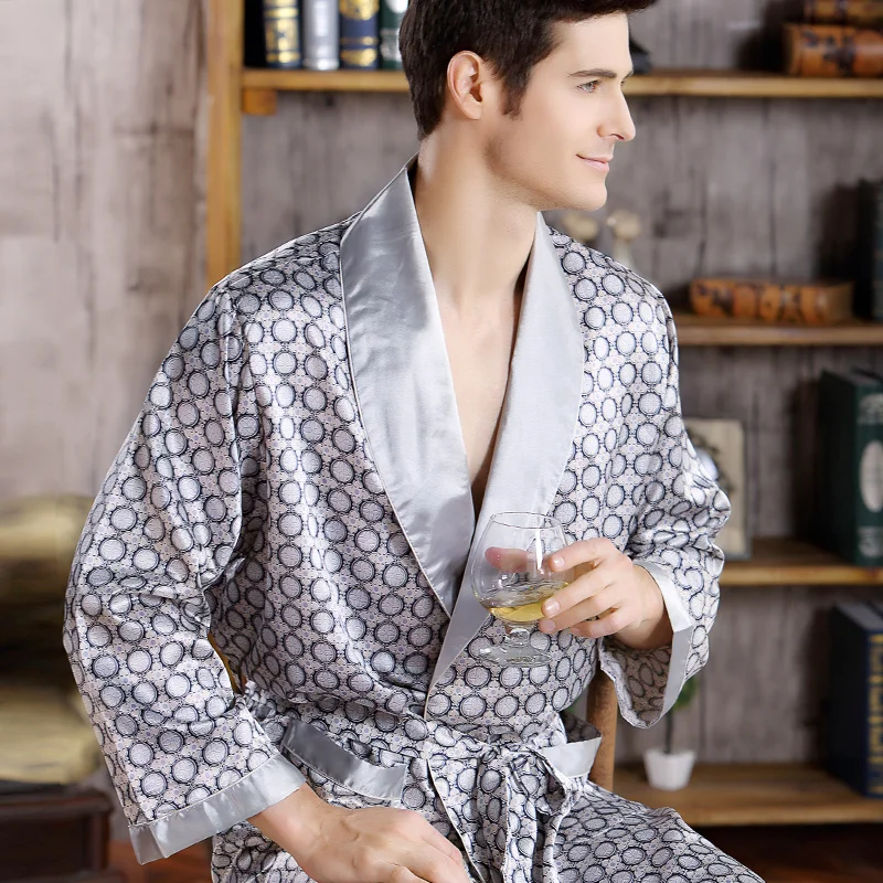 Mężczyźni jedwabny szlafrok z długimi rękawami duży rozmiar 5XL kimono Home szlafrok męskie nadruki geometryczne szaty dekolt satynowa bielizna nocna koszula nocna