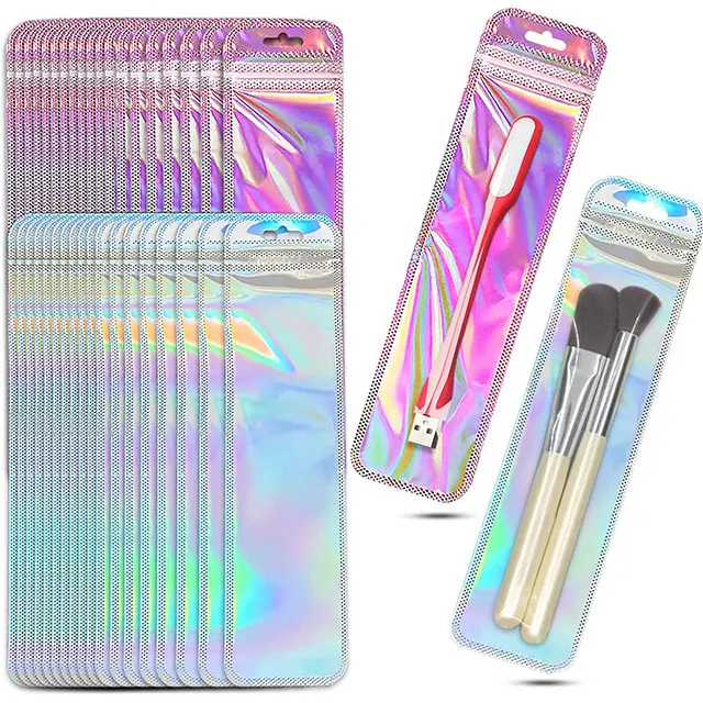 50pcs Long Iridescent Ziplock Bag Transparent Laser Plastic Seal Bags for DIY Jewelry Display Handicrafts Nail Eyelash Packaging