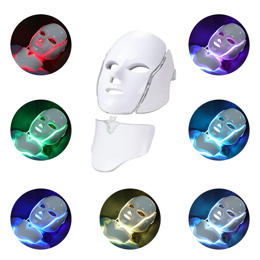 7 สี LED หน้ากากใบหน้าพร้อมคอ LED Light Photon หน้ากากฟื้นฟูผิวป้องกันสิวอุปกรณ์ความงาม Face Lifting Firm Massager
