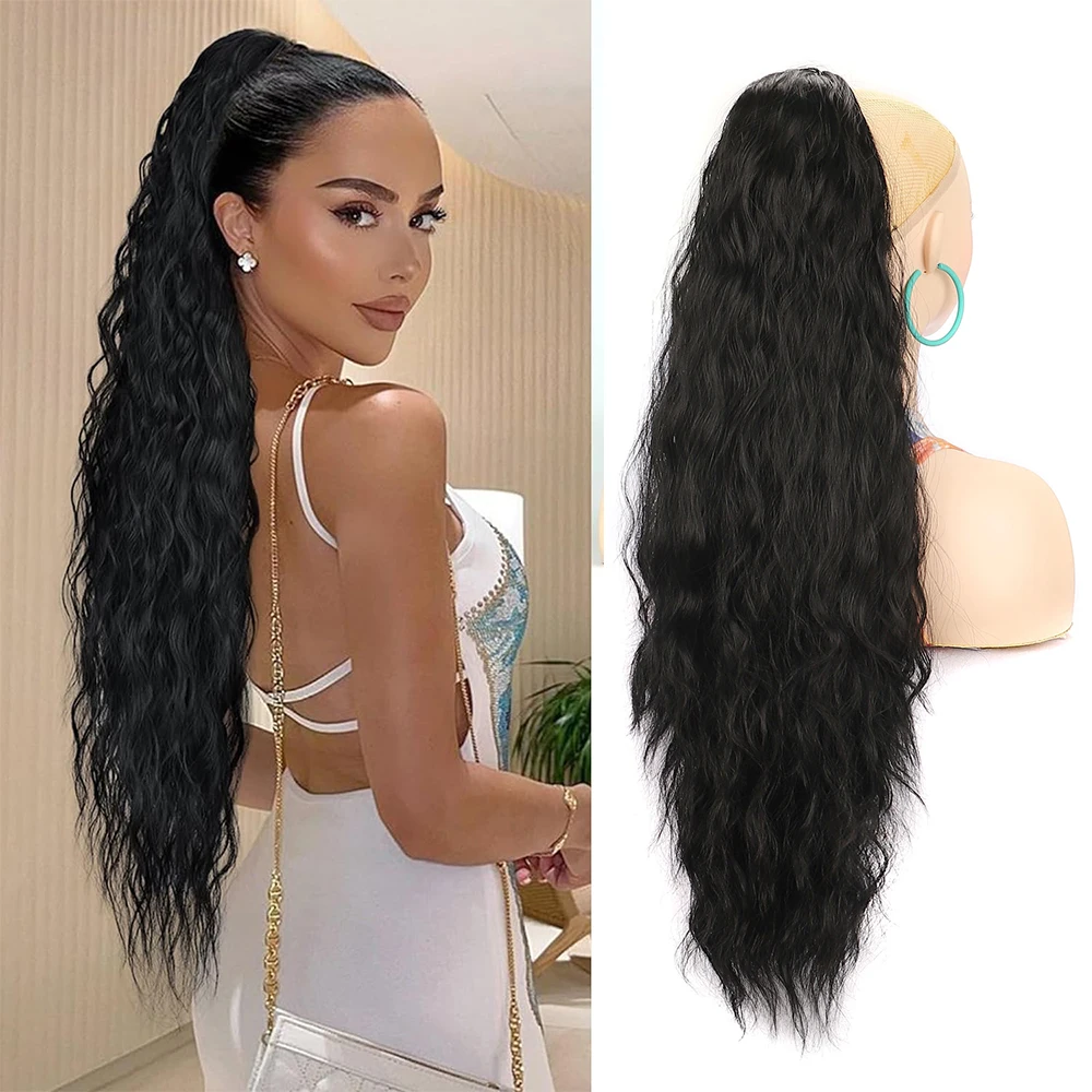 ผมหางม้าขยาย 30 นิ้วยาวพิเศษ Drawstring Wavy Curly Ponytails สีดําสีน้ําตาลเส้นใยสังเคราะห์ผมปลอมชิ้นสําหรับผู้หญิง