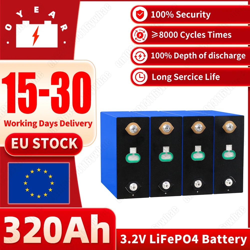 Grado A 8000+ ciclo 320Ah Lifepo4 batteria batteria ricaricabile al fosfato del ferro di litio 3.2V, adatta per DIY 12V 24V 48V batteria da campeggio solare RV di stoccaggio di energia domestica, inventario UE