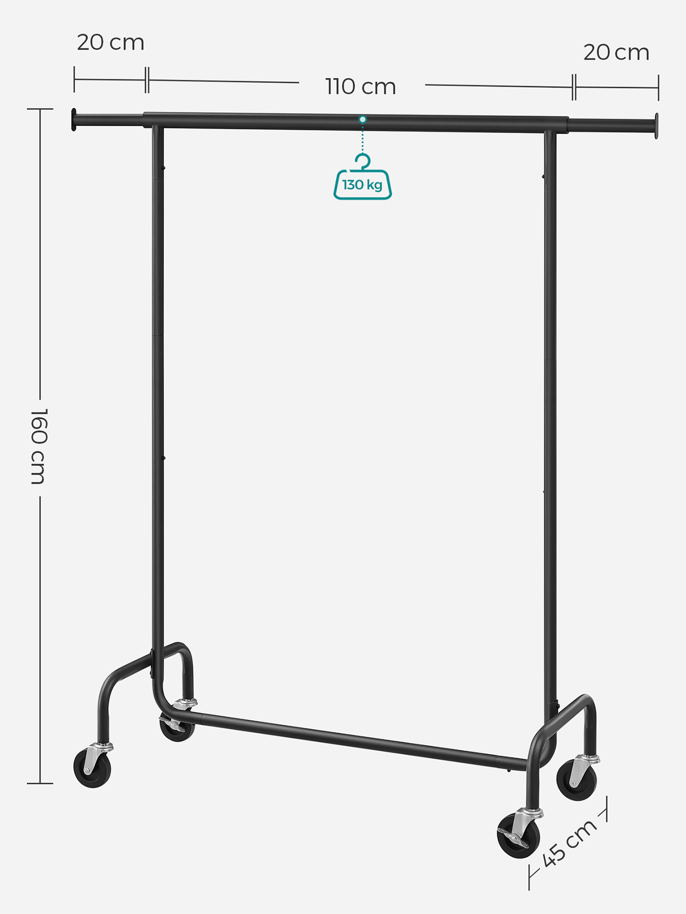 SONGMICS Burro Ropa con Ruedas, Perchero Burro Extensible con Carga Pesada, Capacidad de Carga de 130 kg, Fácil de Montar, Portátil, Blanco Mate/Negro Mate/Plata