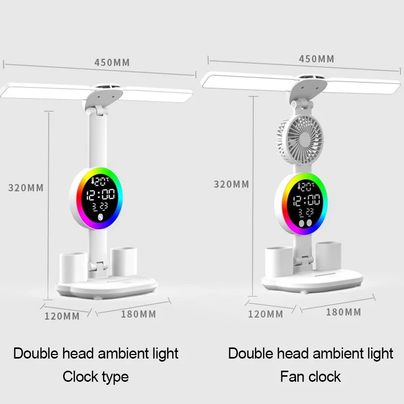 Lampada da tavolo a LED con ventilatore e orologio Lampada da lettura da scrivania per studio Luce notturna Luminosità regolabile