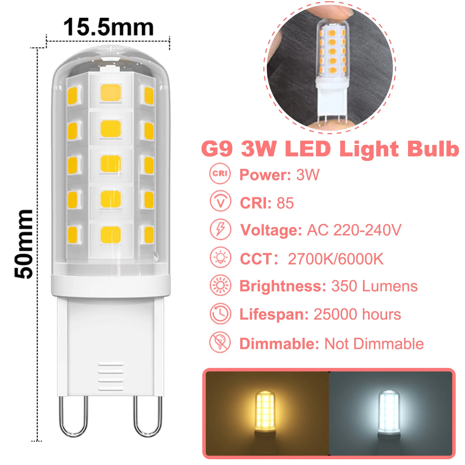 Lampadine LED G9 3W 220V 2700K Bianco caldo 6000K Bianco freddo Lampadine a risparmio energetico Equivalente 30W - 40W Non dimmerabili Confezione da 6