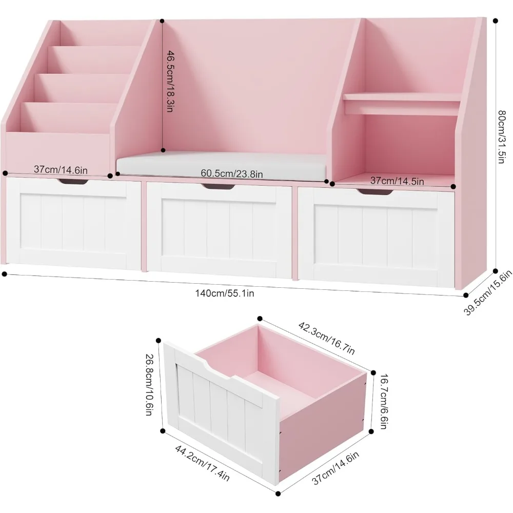 Kids Bookshelf, Toy Storage Organizer with Seat Cushion and 3 Movable Drawers, Kids Reading Nook Toy Organizers and Storage