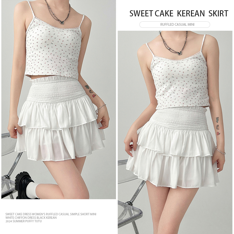 Y2k Zoete Vrouw Kleding Taart Rokken Ruches Casual Eenvoudige Korte Witte Chiffon Rok Zwarte Kerean Zomer 2024 Ballet Stijl Rok