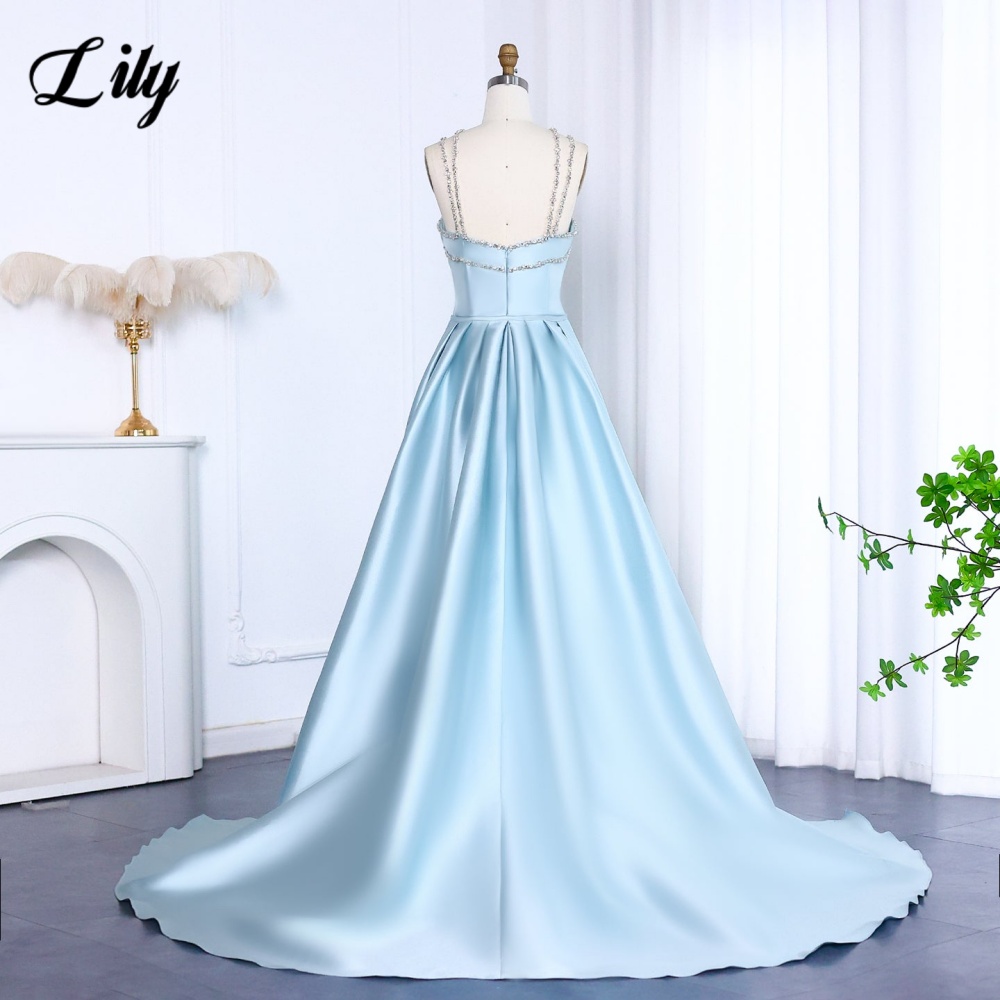 Lily Light Blue Prom Dress Shiny Beading Halter Party Dresses Stain  Sleeveless Celebrity Gowns with Detachable Tail Customized