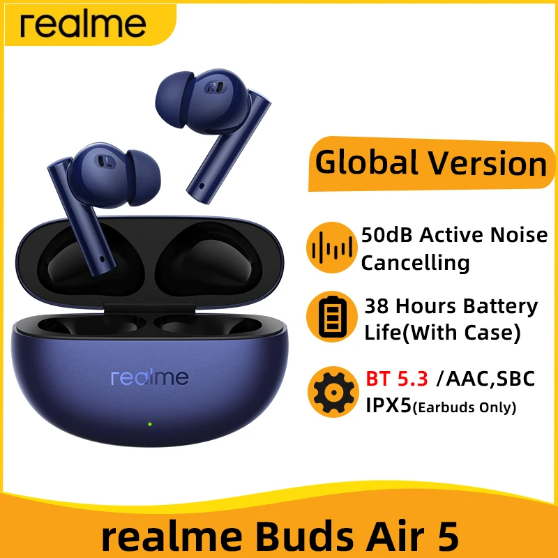 Versión Global realme buds Air 5 50dB cancelación activa de ruidoTWS auriculares inalámbricos Bluetooth 5,3 batería de 38 horas