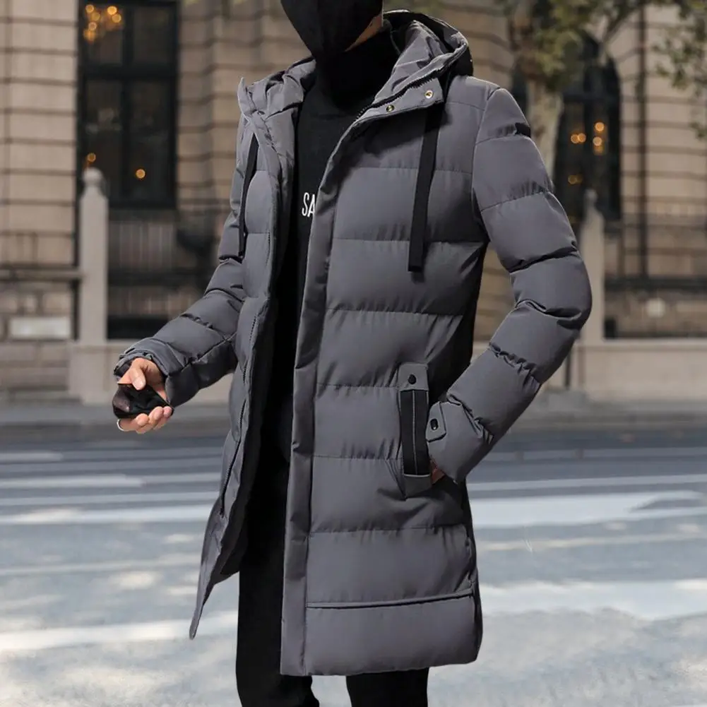 Parkas de manga comprida com capuz masculino jaquetas longas de inverno algodão acolchoado com cordão jaqueta corta-vento de comprimento médio para uso diário
