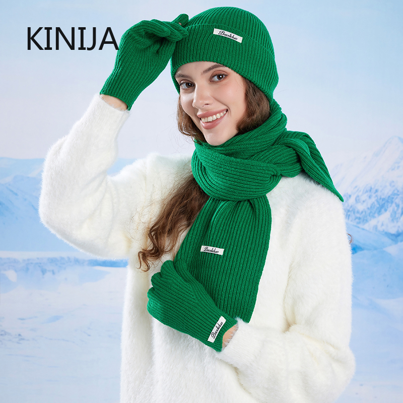 Gorro tejido de invierno para mujer, conjunto de guantes y bufanda, color Burdeos, cómodo, suave, informal, cálido, conjunto de gorro para montar al aire libre a prueba de viento, 3 uds.