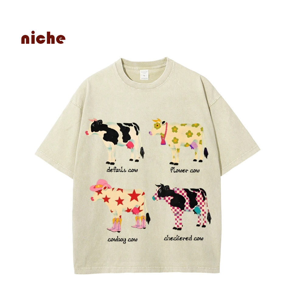 Camiseta con estampado de vaca de dibujos animados, algodón puro, hombros lavados, cuello redondo, estilo Neutral, tendencia de moda, nuevas mangas cortas de alta calidad