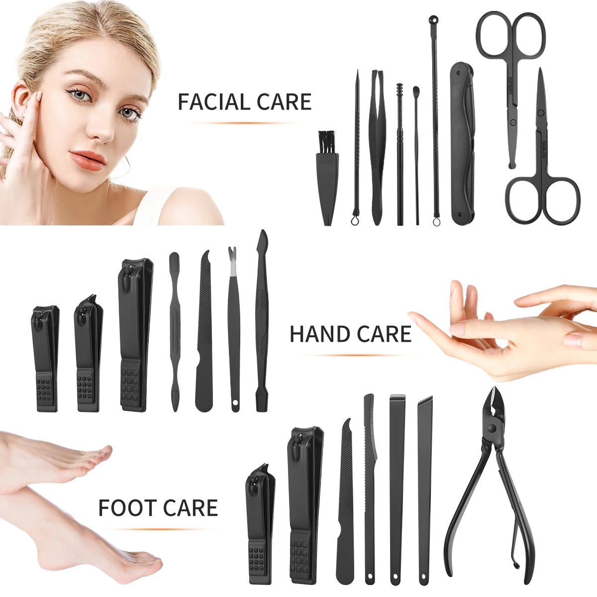 7/15/20pcs Manicure Nail Clipper Set Stainless Steel Pedicure Scissors Grooming Tool For Beauty with Black Leather Travel Case