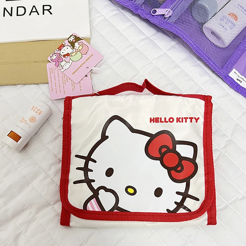Sanrio Hello Kitty Kosmetiktasche, Cartoon-Motiv, niedlich, große Kapazität, faltbar, Aufbewahrung, Reisetasche, Kawaii, tragbar, kariert, Handtasche