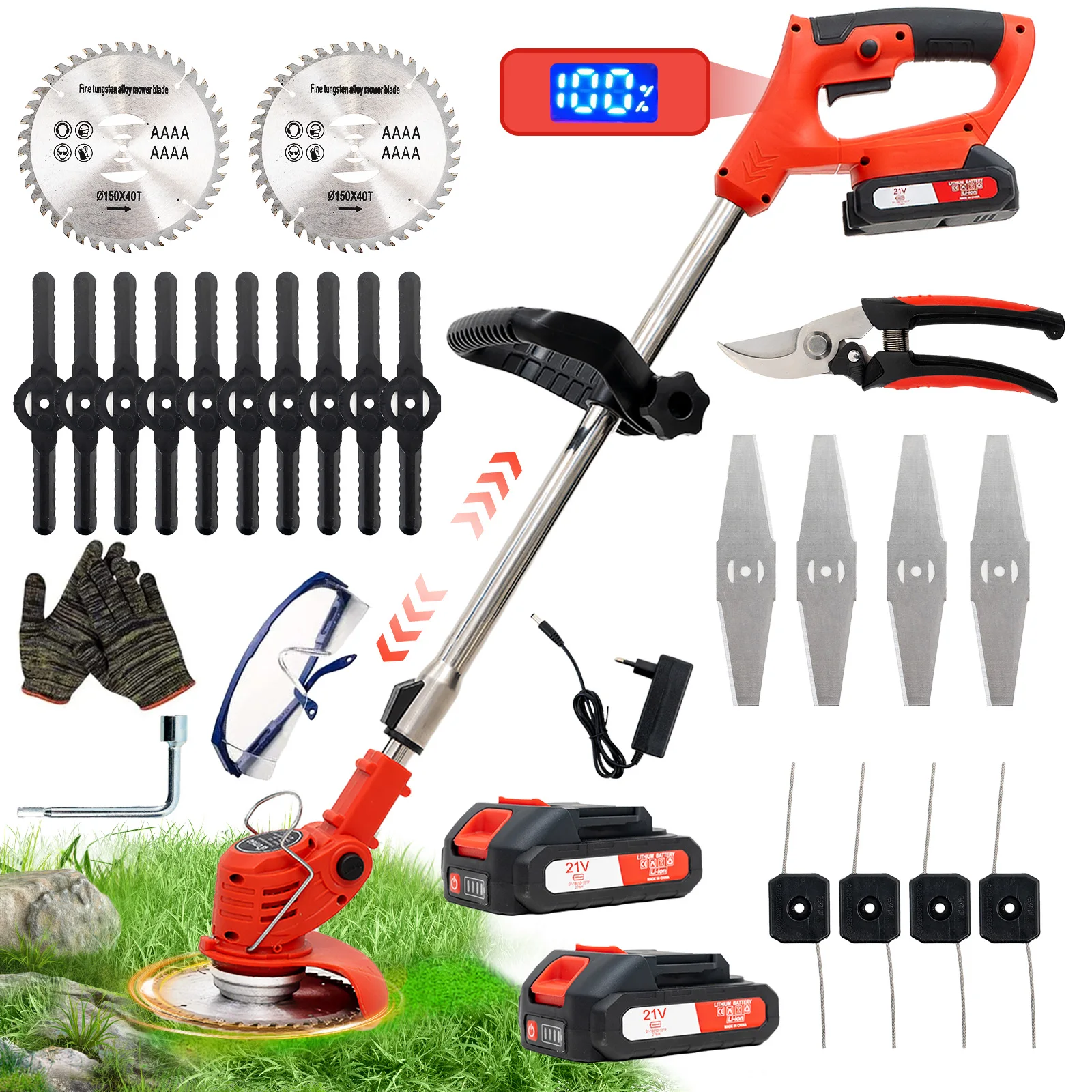Decespugliatore Elettrico a Batteria, Tagliabordi a Batteria Brushless con 2 Batterie 21V, 4 Tipi lame + 1 forbice,  angolazione regolabili, decespugliatore per falciare prati