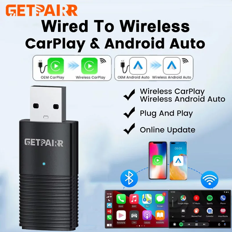 GetPairr Беспроводной CarPlay Dongle Android Auto Мини-адаптер Plug and Play WiFi Быстрое подключение Универсальный для автомобилей с проводным Carplay