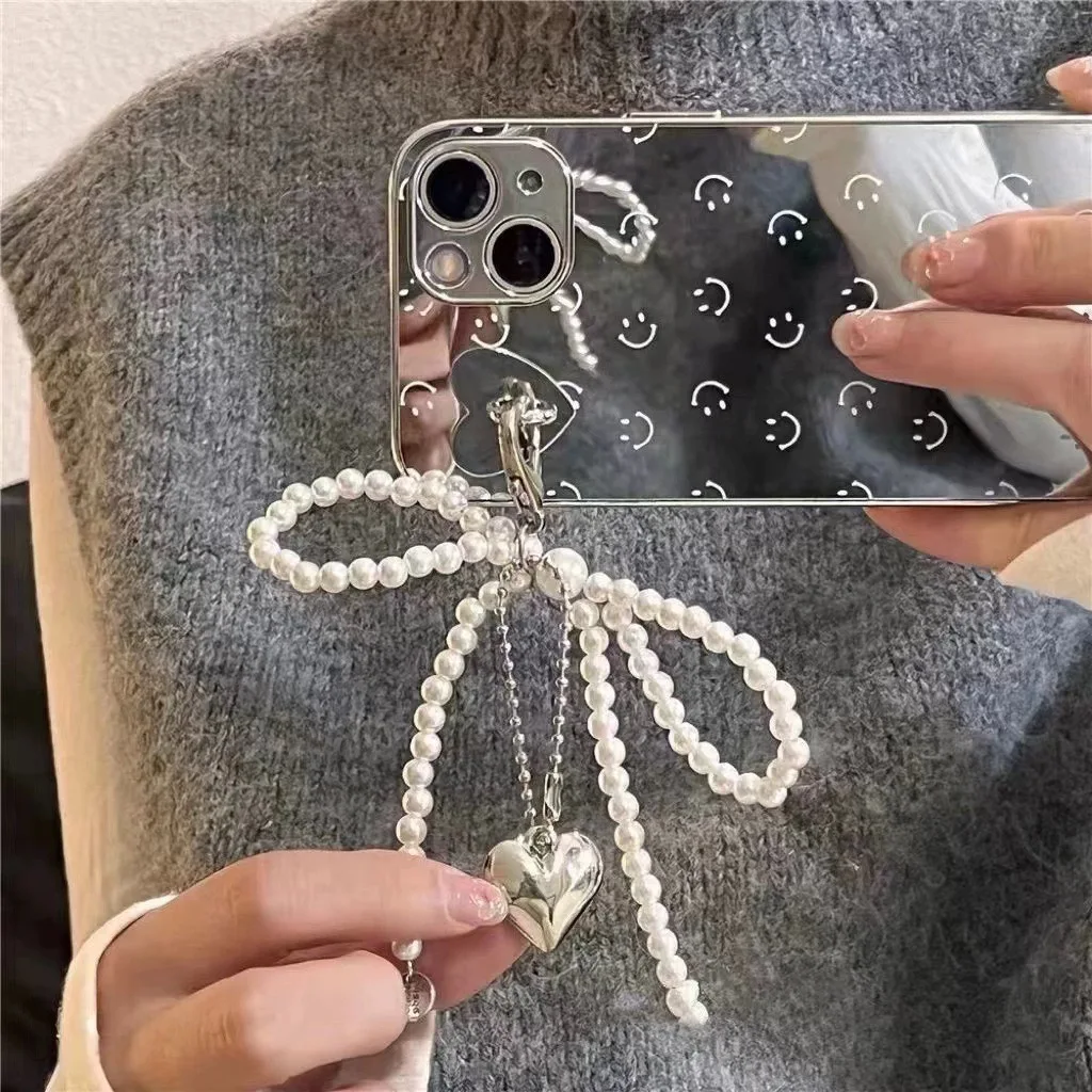 ZAKOL Weiß Bowknot Herz Schlüsselbund Frauen Süße Charme Perle Bogen Rucksack Schlüssel Ring Handgemachten Schmuck Ornament Taschen Anhänger Gif