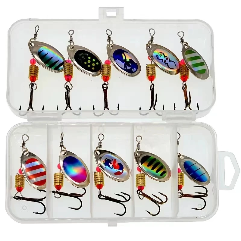 10 pçs/set Spinner Isca 10 Cores com Gancho Agudo Colher De Metal Isca De Pesca Dura com Caixa De Equipamento De Pesca
