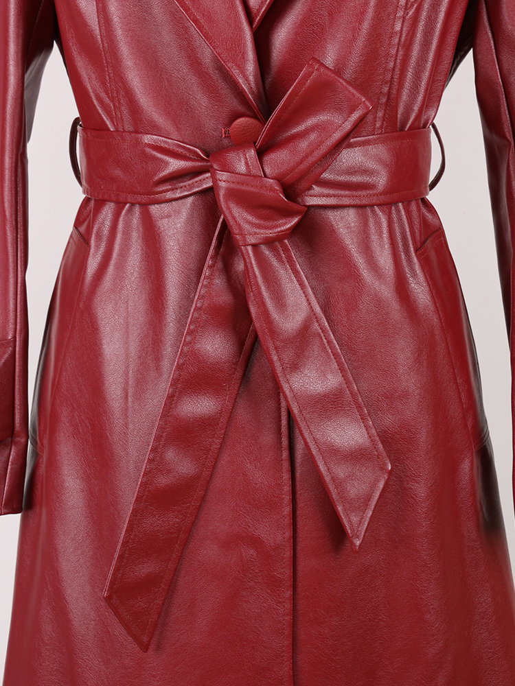 Nerazzurri 春秋フィットロング Pu レザートレンチコート女性のためのサッシシングルブレストエレガントシックな高級服 2024