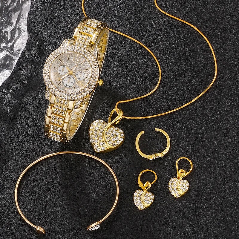 Montre à Quartz Dorée de Luxe pour Femme, Ensemble de Bijoux, Bague, Collier, Boucles d'Oreilles, Strass, Mode Décontractée